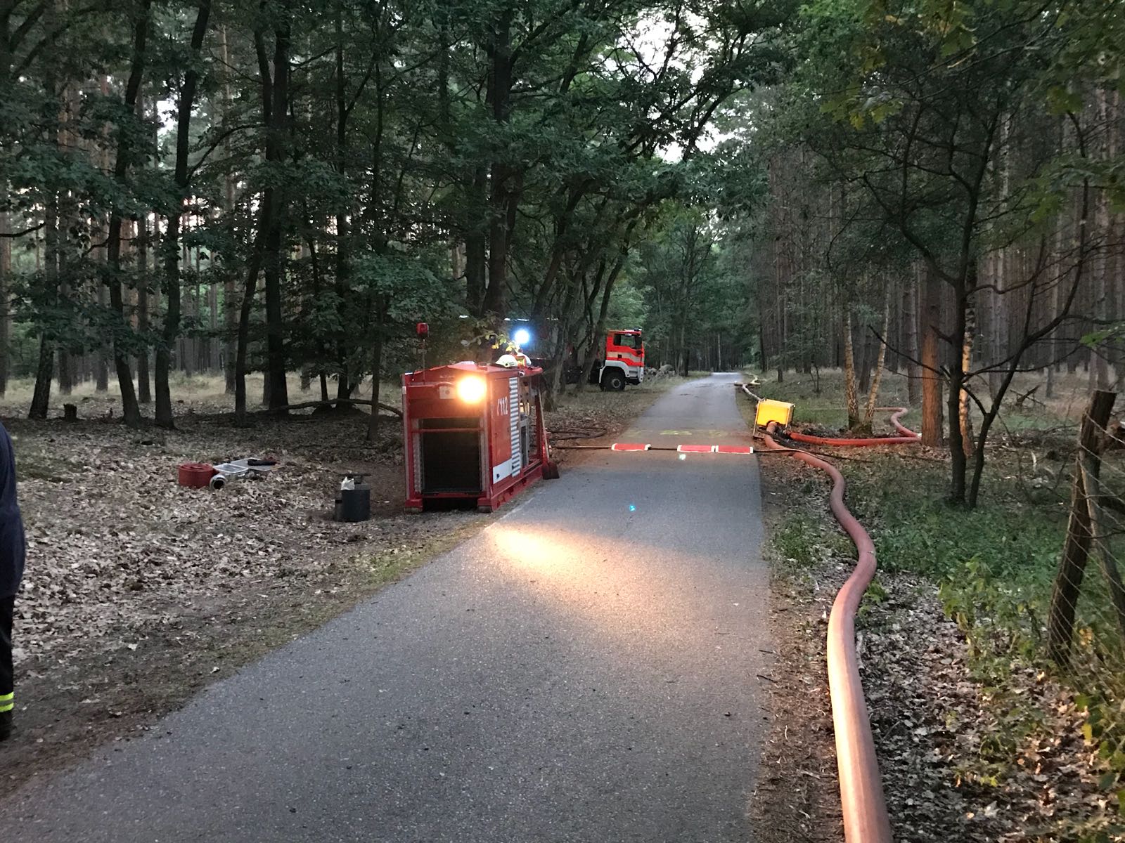 Hose line routed through forest terrain